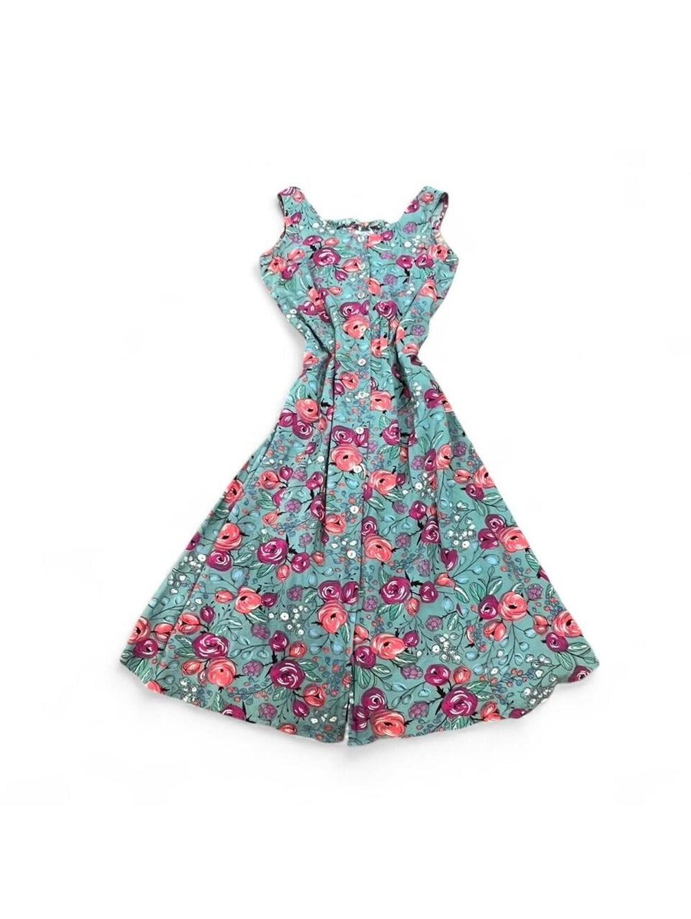 Vintage 90’s Floral Midi Dress Teal Rose Print Button Front